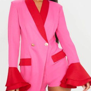 pink contrast frill sleeve blazer playsuit by pretty little things